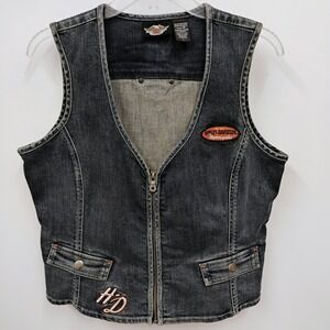 Harley Davidson Denim Jean Riding‎ Biker Vest Zipper Embroidered Logo Women's L